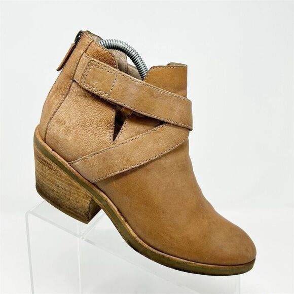 Eileen Fisher Ankle Booties Camel Tan Brown Leather Size 8 Strappy Back Zipper - Picture 1 of 15